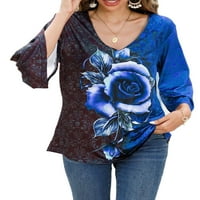 Avamo Žene Basic V izrez Tee Dugi rukav Ležerni bluza Tunika Ruža Ispiši Jesenski pulover plavi XL