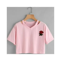Shpwfbe ruža kratki rukav ležerna majica V izrez prsluk bluza PK XL Wemens vrhovi