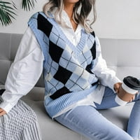Xuan Binli Womens V-izrez Pleteni prsluk Preppy Color Contrastning Rhombus pleteni ležerni džemper
