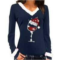 Žene seksi božićne vinske majice Slim blus s dugim rukavima V-izrez V-izrez Tops Blue XXL