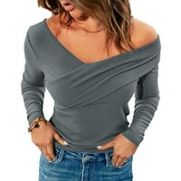 Wiueurtly Spande majica Žene Žene Moda Skinny Solid COLOR CROSS V VRET OFF SHEPER LEGH DUGE SHOW majica
