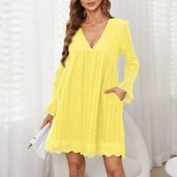 Haljina za žene, ženski temperament okrugli izrez dugih rukava s ljuljačkim haljinama u boji žuti 3xl