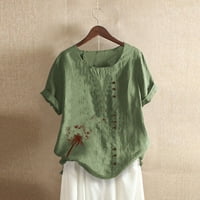 SunhillsGrace Majice za žene Gumbi O-izrez Cvjetni print Tipke za kratki rukav Cotton Lan Vintage Top