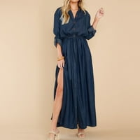 Ženske haljine Maxi casual snimka s punim rukavima Ljetna haljina V-izrez svijetlo plava s