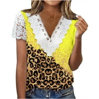 Dyegold Womens Tops Crochet čipka V izrez kratkih rukava Bluze Dressy Casual Ljetni Leopard tiskani