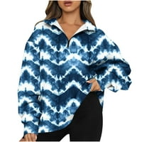 Puntoco Plus Veličina vrhova, žene Ispis rever izrez dugih rukava labav majica bluza pulover plavi 8