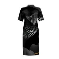 Ljetne haljine za žene kratki rukav A-linijski duljina koljena, labava partija od ispisana V-izrez crna