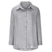 Ženski gumb s dugim rukavima dolje pamučna posteljina bluza za bluze Labavi fit casual rever v-izrez