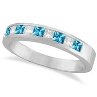 Princess kanal-set dijamant i plavi topaz prsten za prsten 14k bijelo zlato