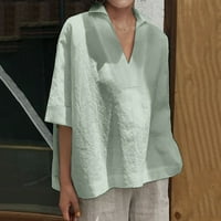 Ženska modna pamučna posteljina s V-vratom kratkih rukava i jedna solidna boja labava majica za bluzu