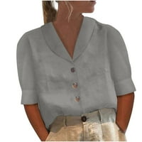 Ženske vrhove Ženska modna casual Solid Color V Crt gumb Labava majica kratkih rukava Top Grey M