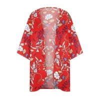 Lilgiuy ženski cvjetni print Puff rukav kimono kardigan labav šifon pokrovite ležerne bluze, crvena,