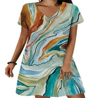 Voguele Women Sandress Haljina kratkih rukava V izrez Mini haljine Plaža A-line plava šarena 2xl