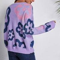 Anuirheih Crewneck Pletene džempere za žene s dugim rukavima labav cvijet Ispis pletena pulover zimski