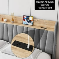 Yiwa King Bed Okvir sa ladicama, posteljina tapecirana platforma za platformu sa USB portovima i otvorima, ne Potrebno je BO opruga, drvne letvice, jednostavna montaža, siva