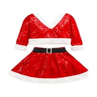 Božićne djevojke Odjeća, jesenski crveni bijeli dugi rukav V-izrez, lepršavi vrhovi + kratka suknja