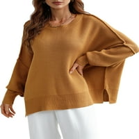 Eyicmarn žene jeseni labava pletiva, čvrsta boja dugih rukava okrugli vrat prorezao elegantan džemper