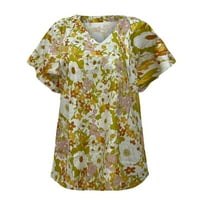 Modna žena kauzalna bluza za ispis na vratu kratki rukav majica ljetnih vrhova žuto l