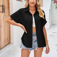 Ženska ljetna modna moda Solidna boja Satin kratki rukav V izrez rezervni labavi majica Top Black XXL