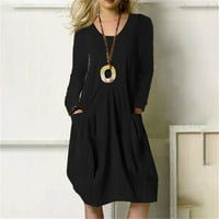 Gotyou haljine Ženska pamučna posteljina labava casual duga haljina Solid u boji Džepna haljina crna