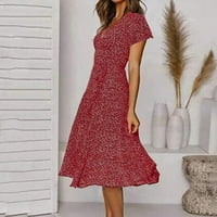 Ženske haljine Ženske kratke rukave V izrez cvjetna polka tačka ispisana haljina crvena
