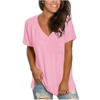 Košulje za žene Casual Comfort V-izrez Čvrsti džep u boji Labavi fit kratki rukav za žene, ružičasta,