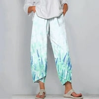 Ljetne pantalone za žene Ležerne džepove Pamučne posteljine široke noge Capris hlače nacrtavanje elastičnih