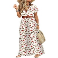 Ženska boemska cvjetna print casual haljina za odmor dame v izrez kratki rukav sa pojasom