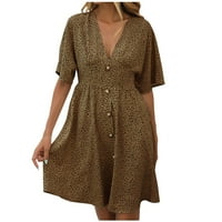 Usmixi ženske haljine kratki rukav V-izrez Leopard mini ljetna haljina Vintage Empire Struk labav gumb