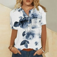 Ženski vrhovi odštampana bluza s kratkim rukavima, casual ženska majica V-izrez ljeto plava 2xl