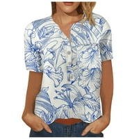Ženske vrhove kratkih rukava casual bluza Grafički printira žene Ljeto Henley majice plavi xl
