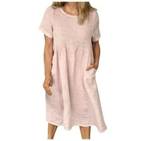 Haljina za pamučnu posteljinu za žene za žene Ljeto Loose Short rukava Midi haljina Retro duga haljina