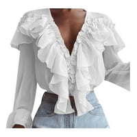 Košulje za žene Moda Popularni dugi rukav V izrez Šifon Slim Pulover Looja majica Bijeli XL