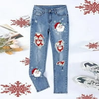 Ženske božićne gamaše Santa Snowflake Ispiši patchwork ripped hlače Midrice rupa traperice hlače uznemirena